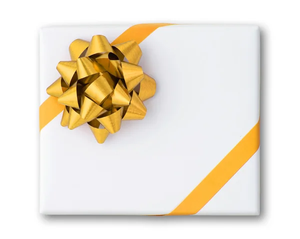 Estrella de oro y cinta de línea cruzada en caja de papel blanco —  Fotos de Stock