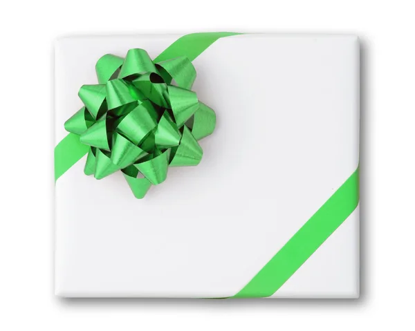 Groene ster en kruis lijn lint op wit papier doos — Stockfoto
