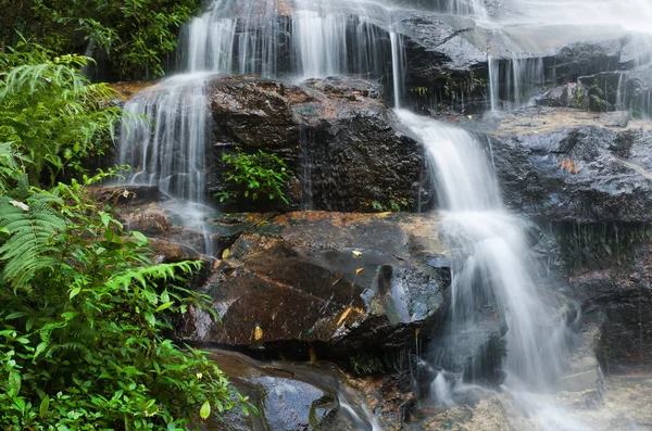 Glatter Wasserfall und grüne Blätter — Stockfoto