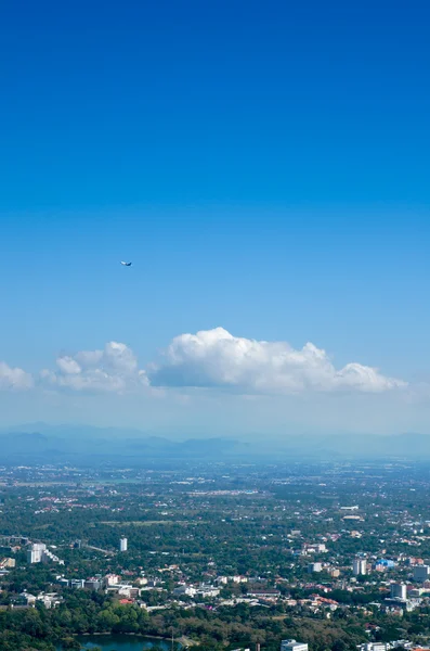 City bird eye view and airplane — Stock Photo, Image