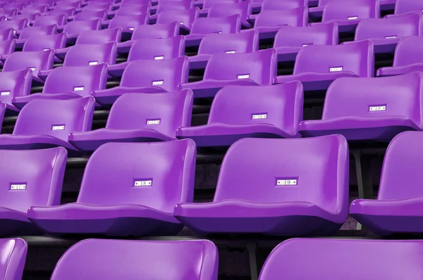 Assentos de plástico vazios roxos no estádio — Fotografia de Stock