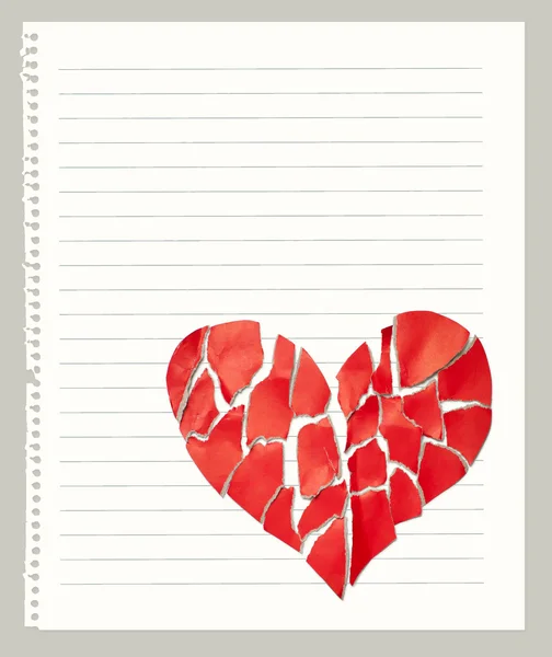 Broken paper heart on notebook page with empty space for text — Stock Photo, Image
