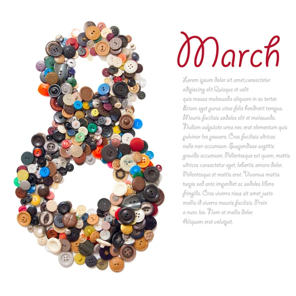 8 mars symbol - karaktär "åtta" av knappar Stockbild