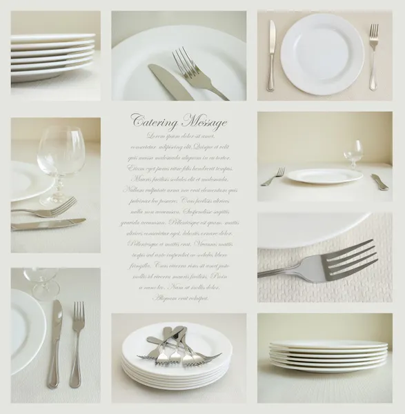 Collage de nueve imágenes de vajilla con platos blancos y plata — Foto de Stock