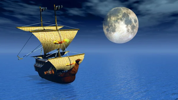 Schiff 3d mit Mond-Hintergrund — Stockfoto
