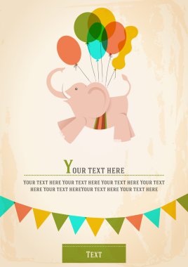 Poster, postcard, card or invitation with a circus elephant, flying on balloons. vector Image clipart