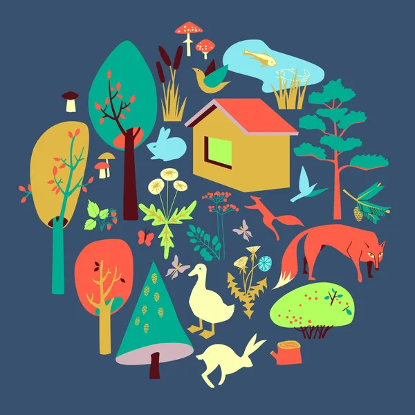 Eco-maison dans la forêt et ses habitants. L'affiche, la carte ou la bannière — Image vectorielle