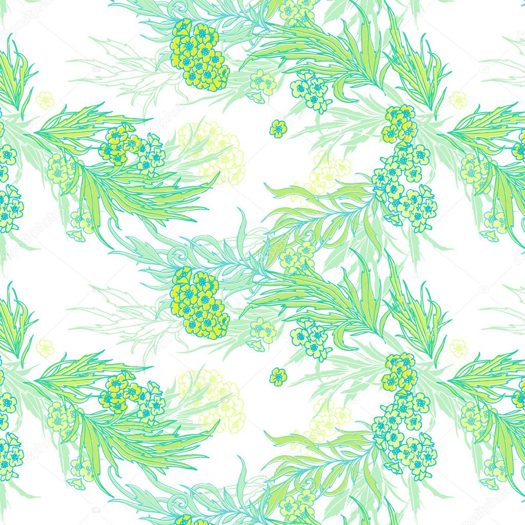 Delicate spring floral motif in the turquoise-lime colors. Seamless pattern.