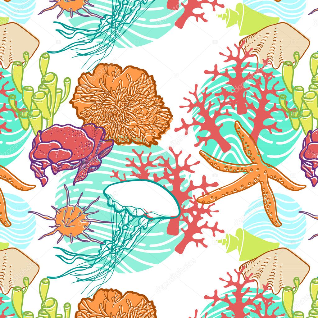 Underwater world through the eyes of the diver. Seamless pattern