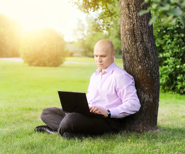나무 근처에 앉아 노트북을 가진 남자 — 스톡 사진