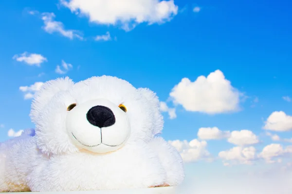 Белый плюшевый медведь в небе — стоковое фото
