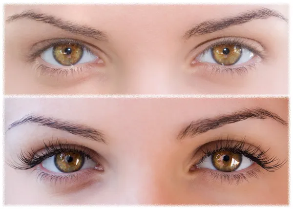 Naturliga och falska ögonfransar före och efter. Stockbild