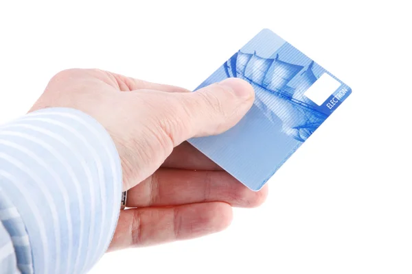 Die Hand des Geschäftsmannes hält blaue Kreditkarten. isoliert auf weiß — Stockfoto