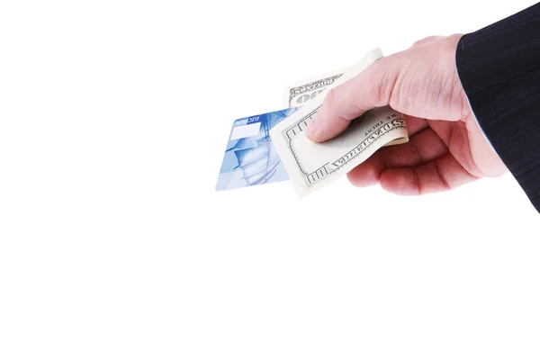 stock image Businessman's hand holding one hundred dollars and blue credit c