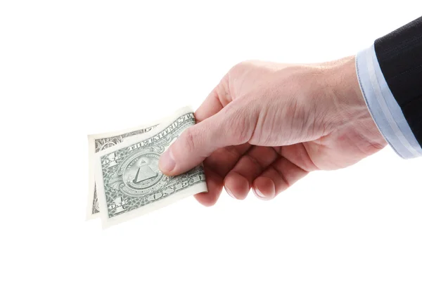 Die Hand eines Mannes, der einen Ein-Dollar-Schein hält. — Stockfoto