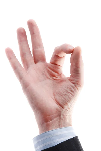 Männliche Hand gestikuliert Okay Zeichen isoliert auf weißem Hintergrund — Stockfoto
