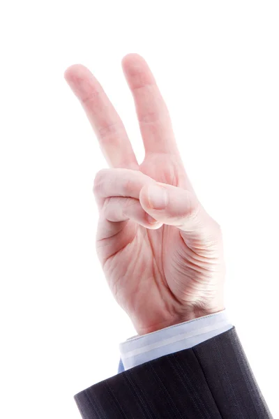 Main avec deux doigts vers le haut dans la paix ou symbole de victoire isolé — Photo