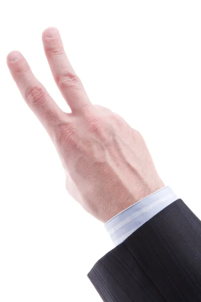Hand mit zwei erhobenen Fingern im Friedens- oder Siegessymbol isoliert — Stockfoto