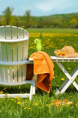 Adirondack chair in grass ready for relaxing clipart