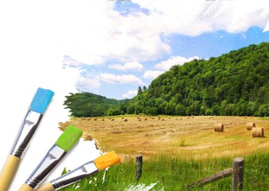 Artist brushes with a half finished painted rural landscape clipart