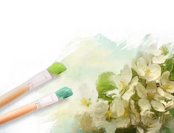 Artist brushes with a half finshed painted floral canvas — Stock Photo, Image