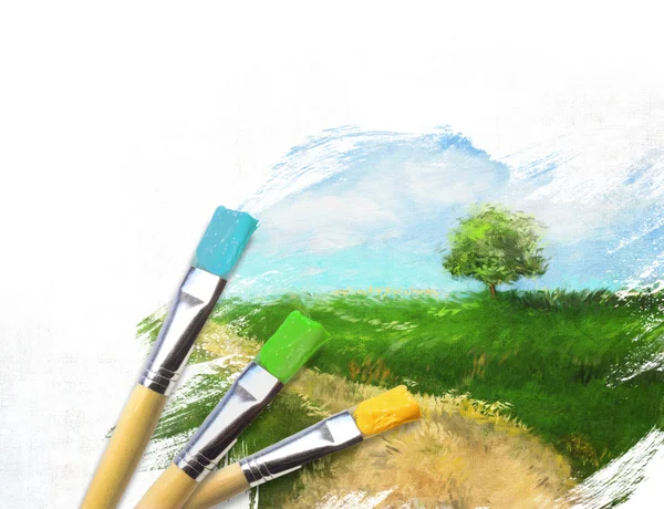 Artist brushes with a half finished painted landscape canvas — Stock fotografie