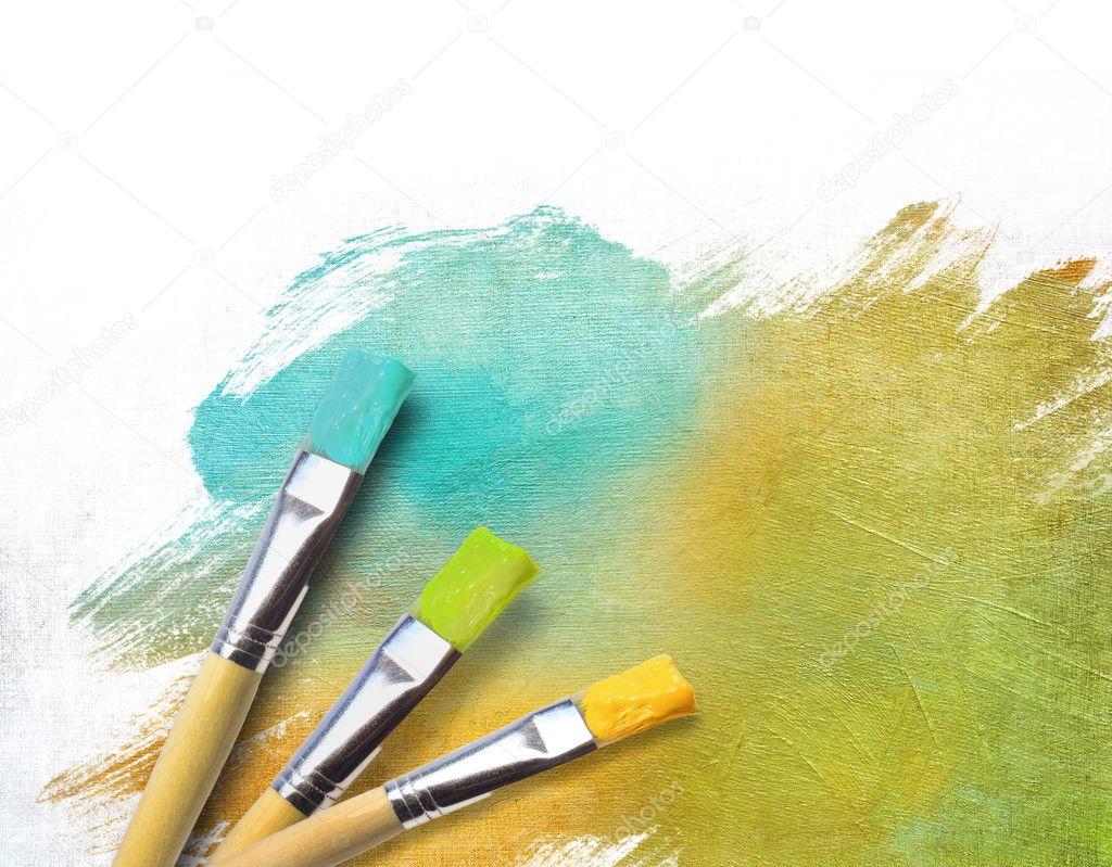 Artist Brushes With A Half Finished Painted Canvas — Stock Photo