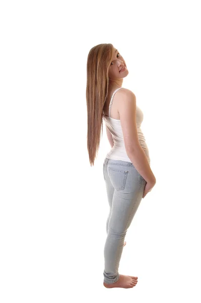 Meisje in spijkerbroek. — Stockfoto