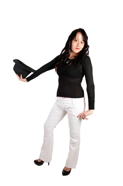 Kvinna i vita byxor och hade. — Stockfoto