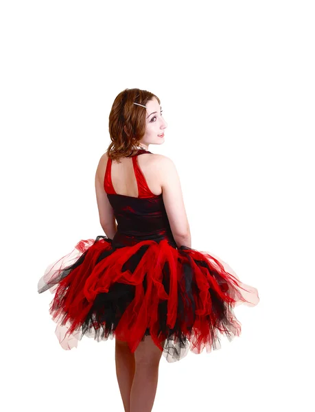 Bailarina em vestido vermelho e preto . — Fotografia de Stock