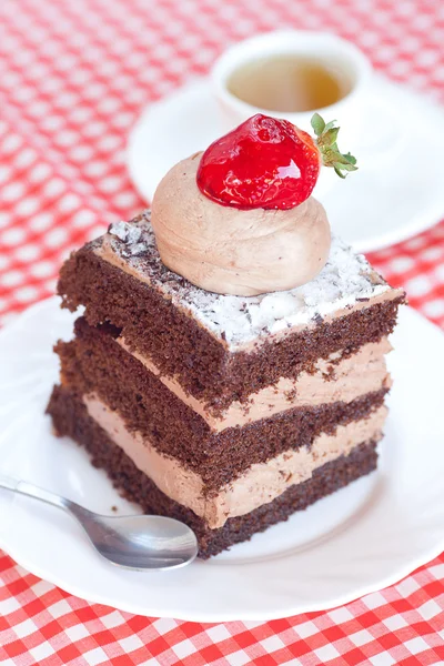 Piękny tort truskawkowy i herbata na materiał plaid — Zdjęcie stockowe