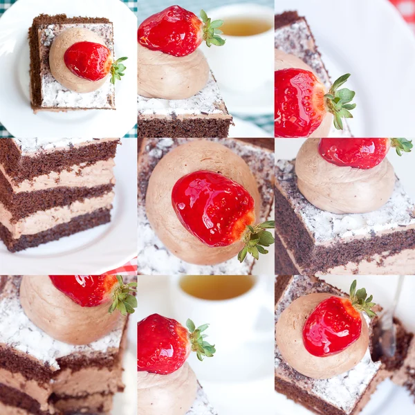 美丽的蛋糕草莓和茶的拼贴画 — 图库照片