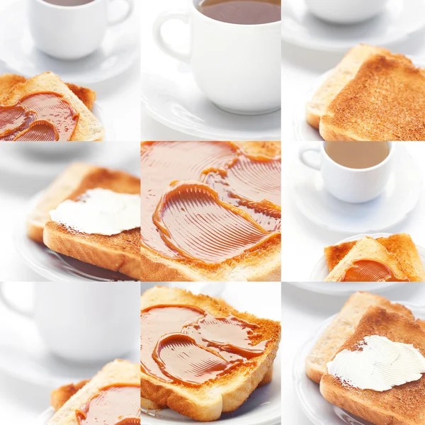 Collage of tea and toast with caramel,toast with butter — Stock Photo, Image