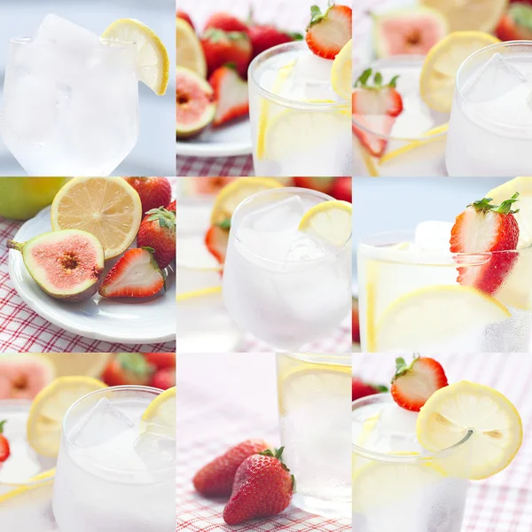 Collage of cocktail with ice,lemon, fig and strawberries on a pl — Stock Photo, Image