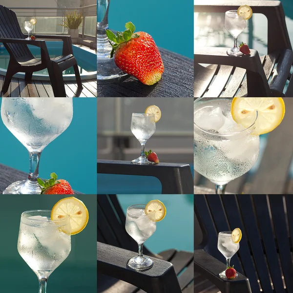 Collage aus Schwimmbad, Lounge, einem Weinglas mit Eis, Zitrone und — Stockfoto