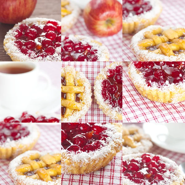 Güzel kek çilek, elma ve çay kolaj — Stok fotoğraf