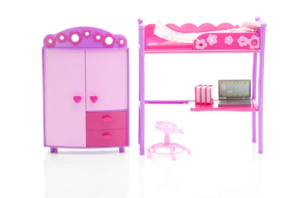 Doll wardrobe , bed, chair and laptop isolated on white — Stock Photo, Image