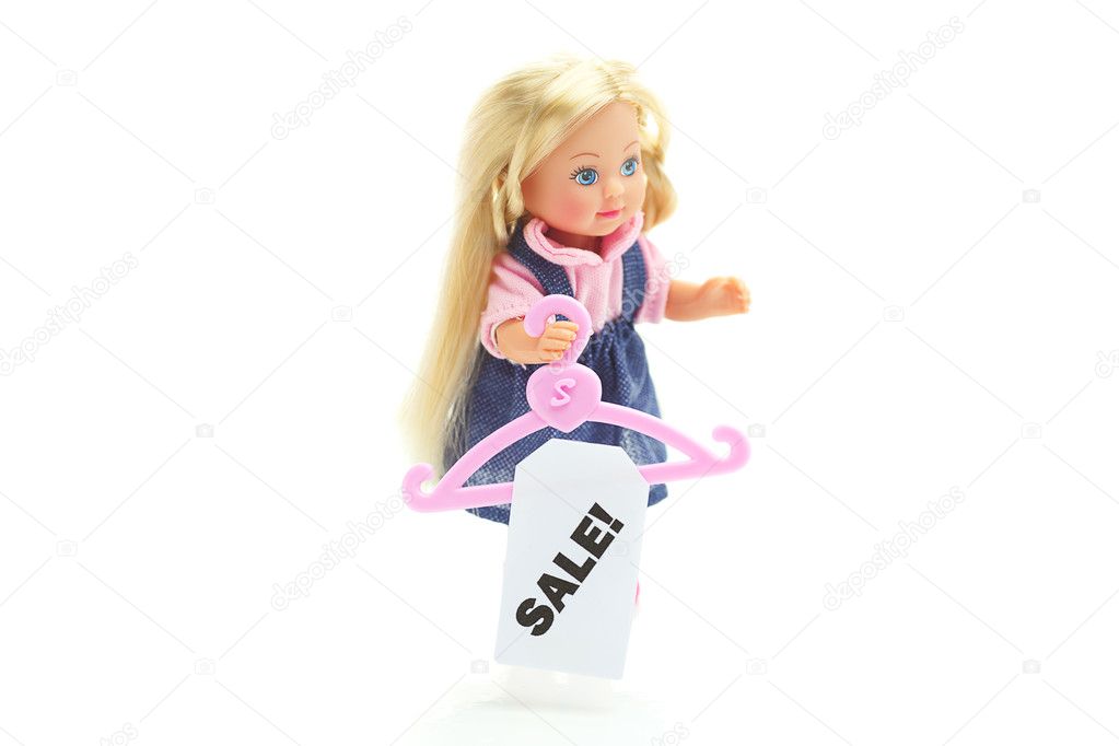 Doll and hanger with a price tag sale isolated on white