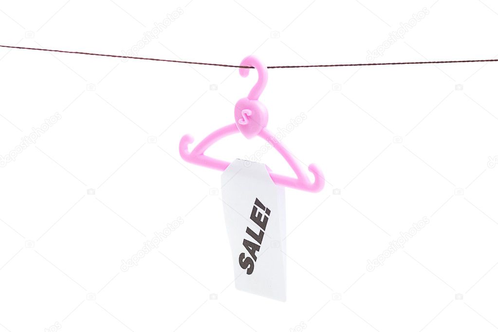 Hanger with a price tag sale hanging on a rope isolated on white