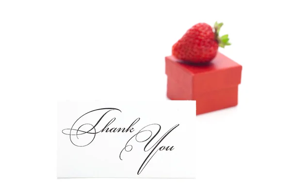 Red gift box, thank you card and strawberries isolated on white — Stock Photo, Image