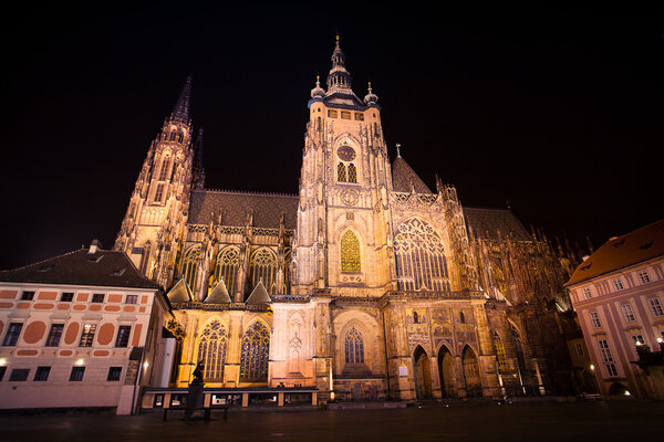 Beautiful night view of St. Vitus Cathedral in Prague