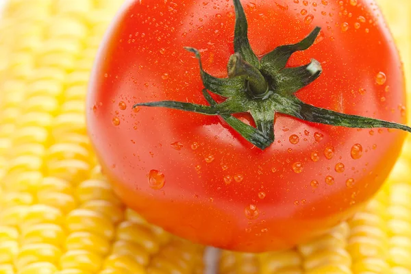 Background of ripe yellow corn and tomato — Stock Photo, Image