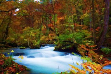 oirase Nehri, Japonya (resim stili sonbahar renk)