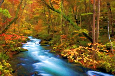 Autumn Color of Oirase River, Japan (Painting style) clipart