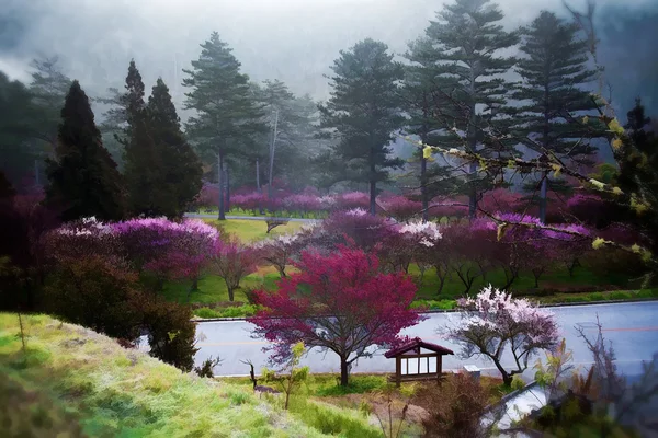 Estilo de pintura de flores cor-de-rosa ramo de árvore florescente — Fotografia de Stock