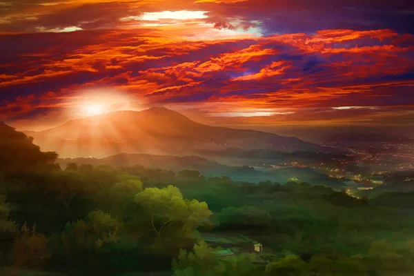 Målningen stil solnedgång av sjön midja — Stockfoto