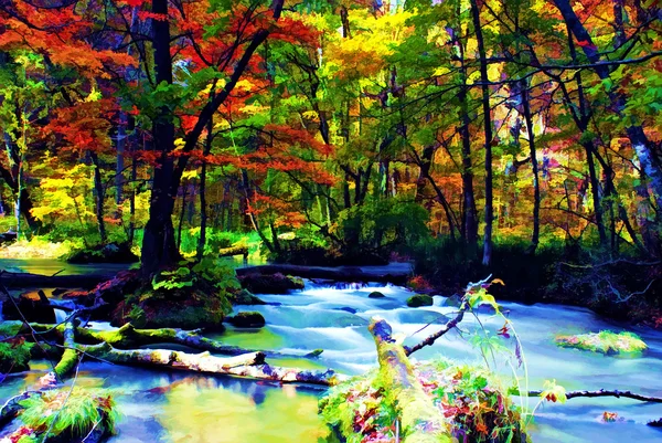 Herbst farbe des oirase river, japan (malstil)) — Stockfoto