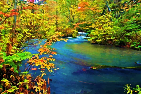 Höstfärg i oirase floden, japan (målningen stil) — Stockfoto