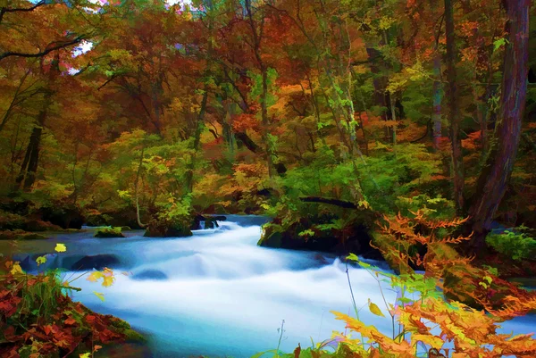 Χρώμα το φθινόπωρο του oirase ποταμού, Ιαπωνία (Ζωγραφική στυλ) — Φωτογραφία Αρχείου
