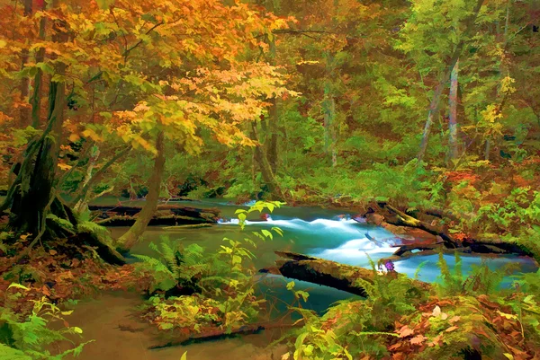 Colore di autunno del fiume di Oirase, Giappone (stile di pittura ) — Foto Stock